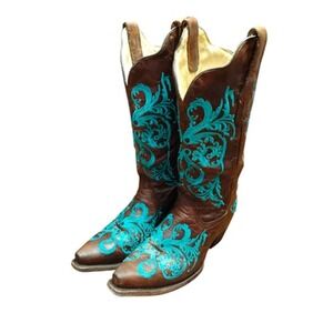 Corral Boots Women's 6.5M Brown Turquoise Embroidered Western Leather‎ Snip Toe